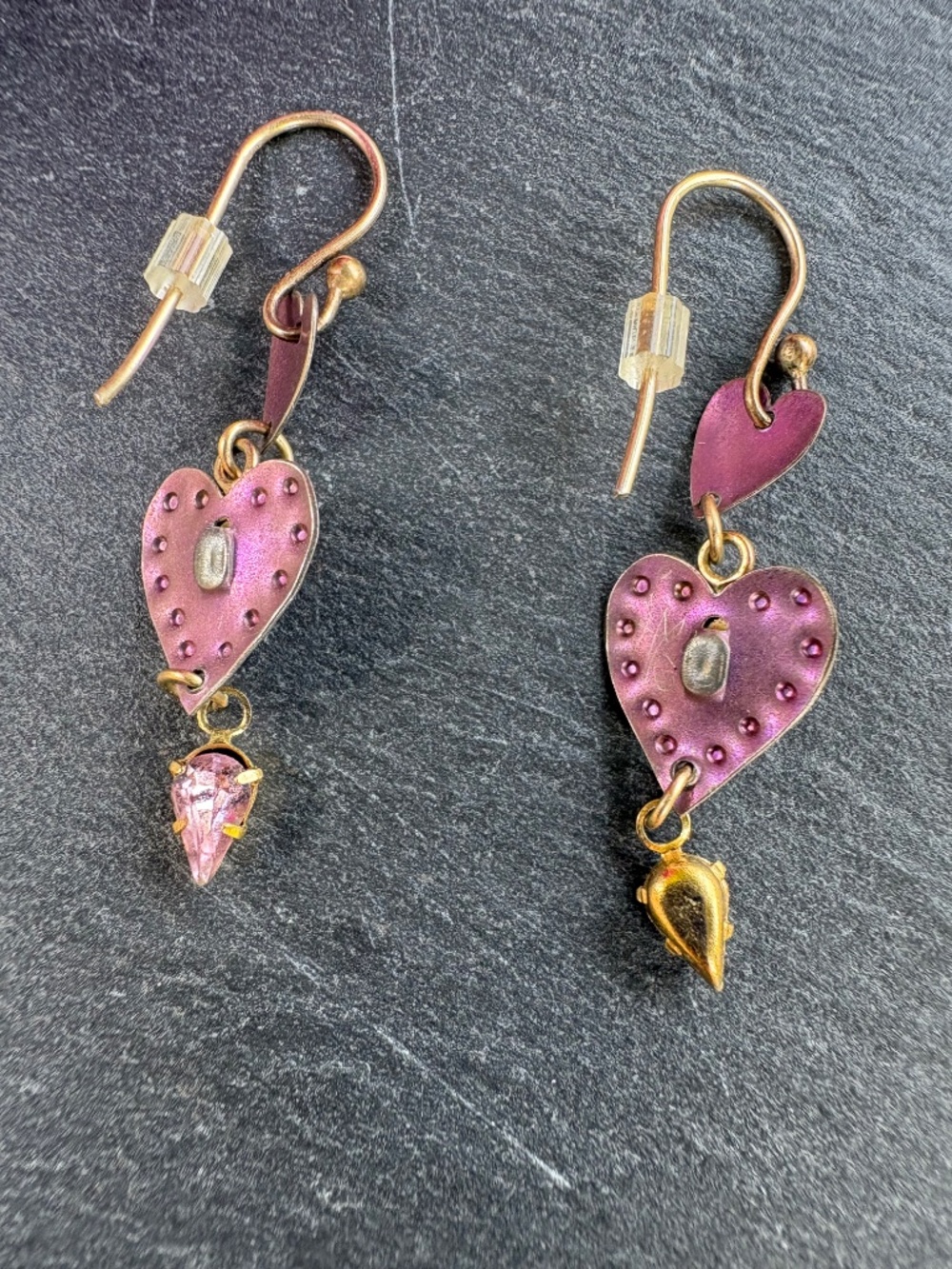 Vintage Holly Yashi Signed Niobium Heart Drop Earrings Amethyst Pink Crystal 90s - Picture 5 of 5